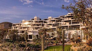 Un bâtiment moderne doté de nombreux balcons, entouré d’un jardin aménagé avec des cactus et des palmiers.