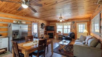 Smart TV, fireplace, books