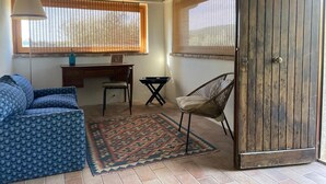 Une pièce avec un plafond en bois, un canapé bleu à motifs, un bureau avec une chaise, un fauteuil en osier et une grande porte en bois.