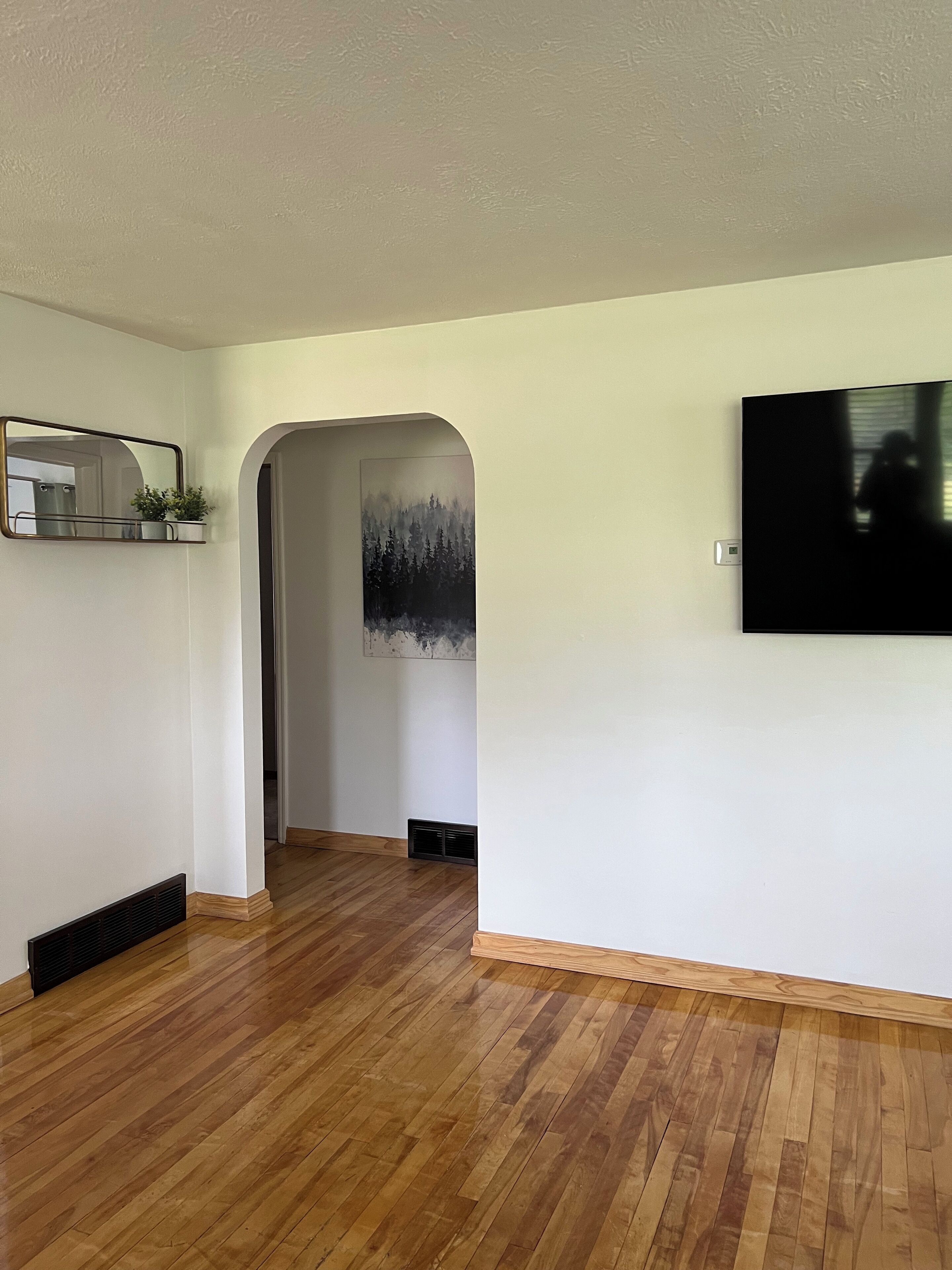 Ein Zimmer mit Holzboden, einem an der Wand befestigten Fernseher, einem Wandspiegel und einem Gemälde.