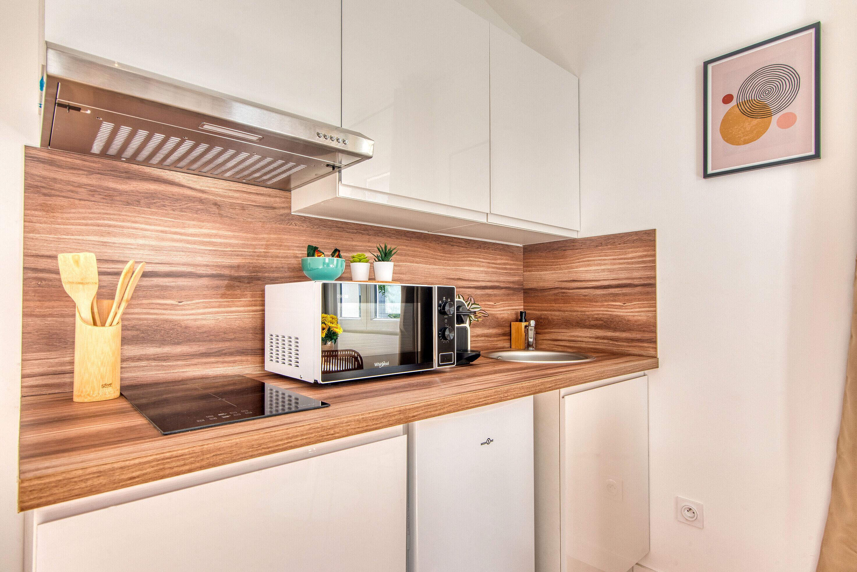 Fridge, microwave, stovetop, coffee/tea maker