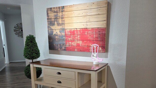 A hallway with a wooden console table, a small potted plant, and a colorful abstract painting on the wall. - Rustic Wheel-horse House. Entire one-level 3/2 home located in Granbury, TX. (Granbury)