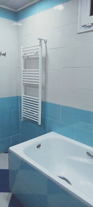 Hair dryer, towels, soap, shampoo