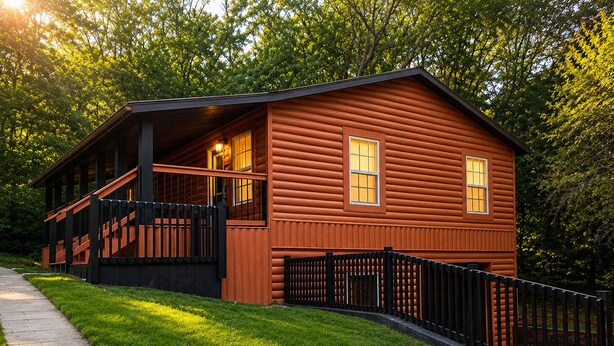 A wooden cabin with a porch and a fenced yard. - Dollywood Cabin - Luxury with Private Arcades (Sevier County)