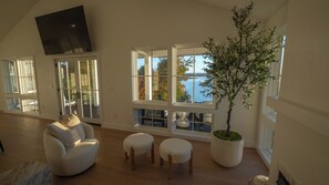 TV connectée, cheminée, livres, médiathèque