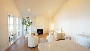 TV connectée, cheminée, livres, médiathèque