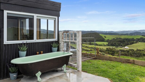 A bathroom with a bathtub, a window, and potted plants.