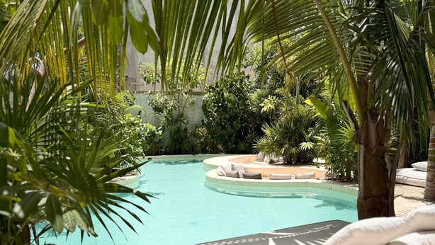 A pool area with a wooden deck, lounge chairs, and lush greenery. - Jungle Chic Suites by Marea (Tulum)