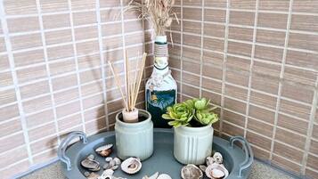 Un coin avec un plateau gris contenant des coquillages, une plante succulente verte et des plumes de jarre séchées dans une bouteille.