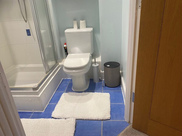 Een badkamer met een toilet, een prullenbak en een douchehoek.