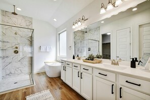 Hair dryer, towels, soap, shampoo