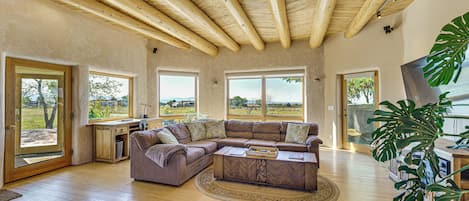 TV, fireplace, books, stereo
