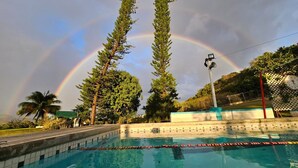 Una piscina con agua cristalina, rodeada de árboles y una valla.