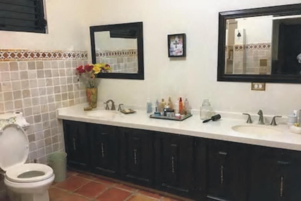 Une salle de bain avec un lavabo blanc, des meubles sombres, un miroir et des toilettes.