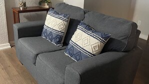 Ein graues Sofa mit zwei gemusterten Kissen, ein Holztisch mit einer Lampe und eine Topfpflanze.