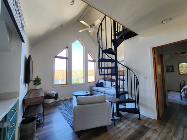 Smart TV, chimenea, libros