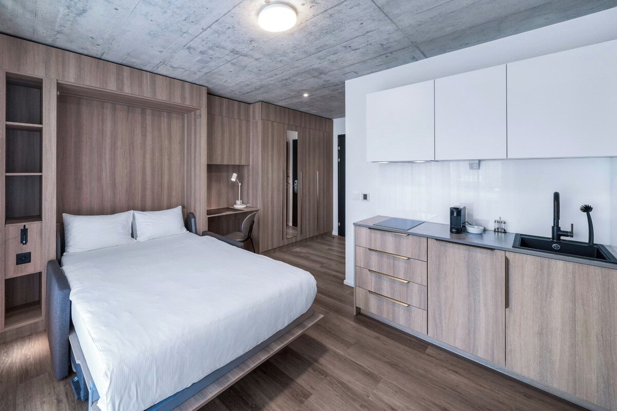 A modern bedroom with a large bed, built-in wardrobe, and a kitchenette with a sink and cabinets.