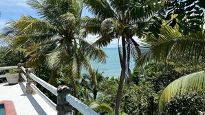 A stone balustrade overlooking a pool with a view of the sea and palm trees. - B&B Casa Naturaleza Playa Corona (Las Uvas)