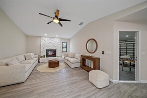 Smart TV, fireplace, video games, table football