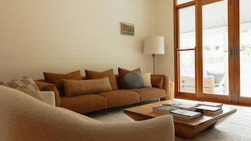 TV, fireplace, books, stereo