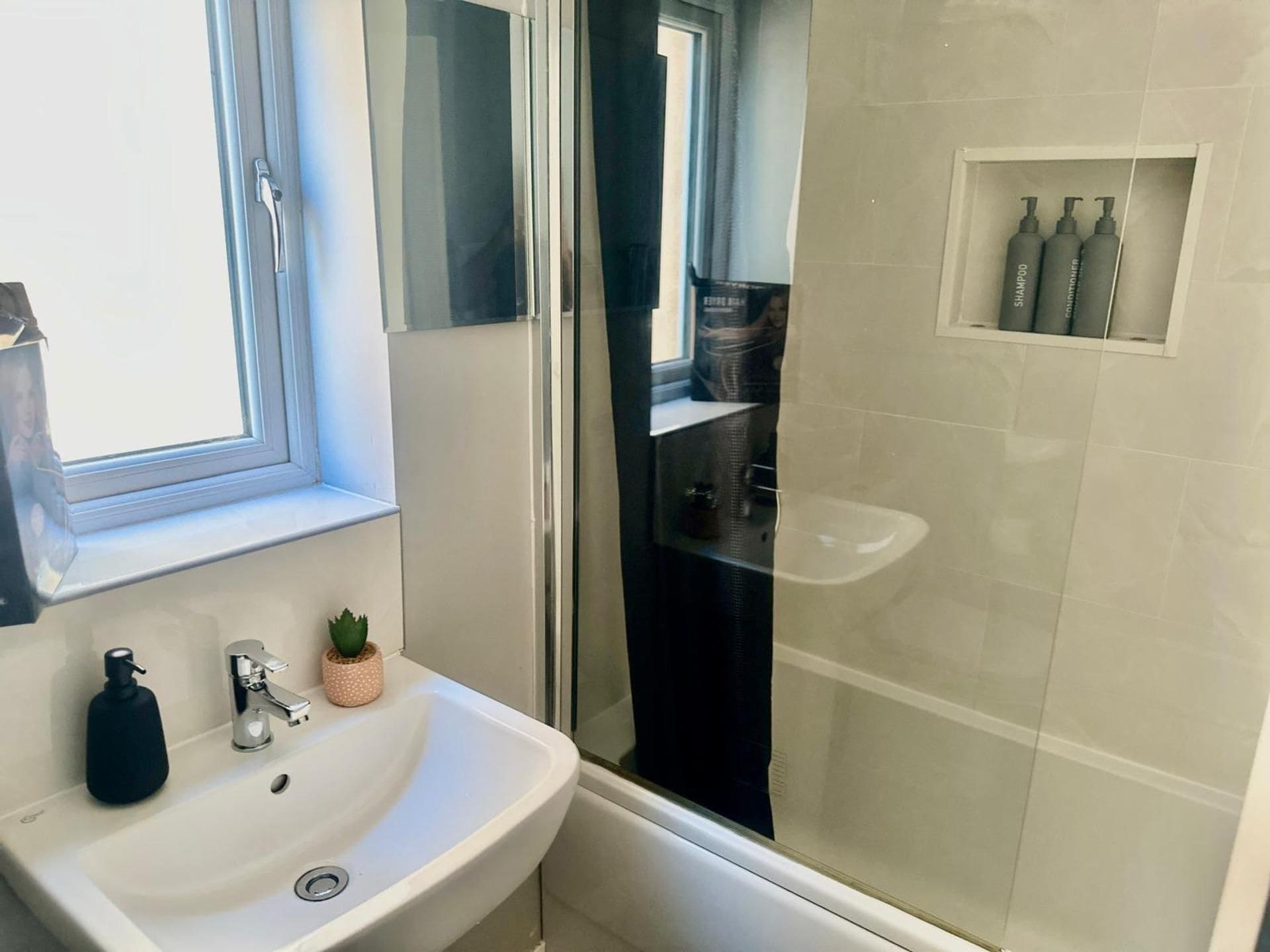 Un baño con un lavabo blanco, una planta pequeña en maceta y una zona de ducha.