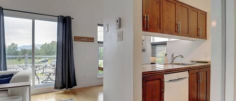 A modern kitchen with wooden cabinets and a built-in dishwasher.