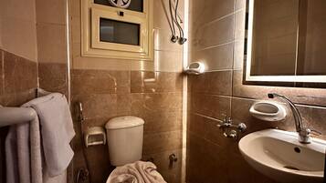 Une salle de bain avec des toilettes, un lavabo et une douche.