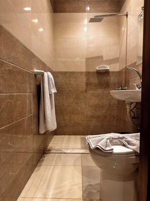 A bathroom with a shower, a sink, and a towel rack. - Pyramids On The Spot View (Giza)