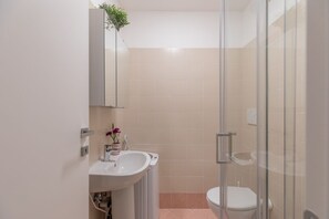 Shower, hair dryer, bidet, towels