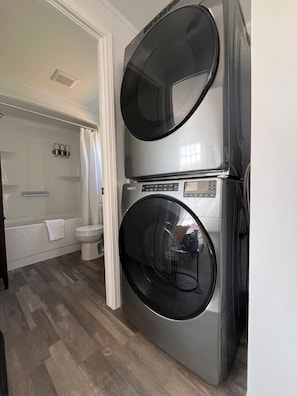 Hair dryer, towels, soap, shampoo