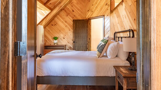 A wooden-paneled bedroom with a bed, bedside table, lamp, and a small plant. - Hidden Falls Lodge | Hocking Hills, 93 Acres (New Straitsville)
