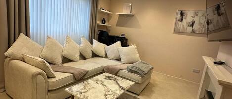 Smart TV, fireplace, books, printers