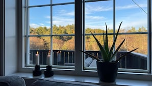 A window with a view of trees and a wooden deck.