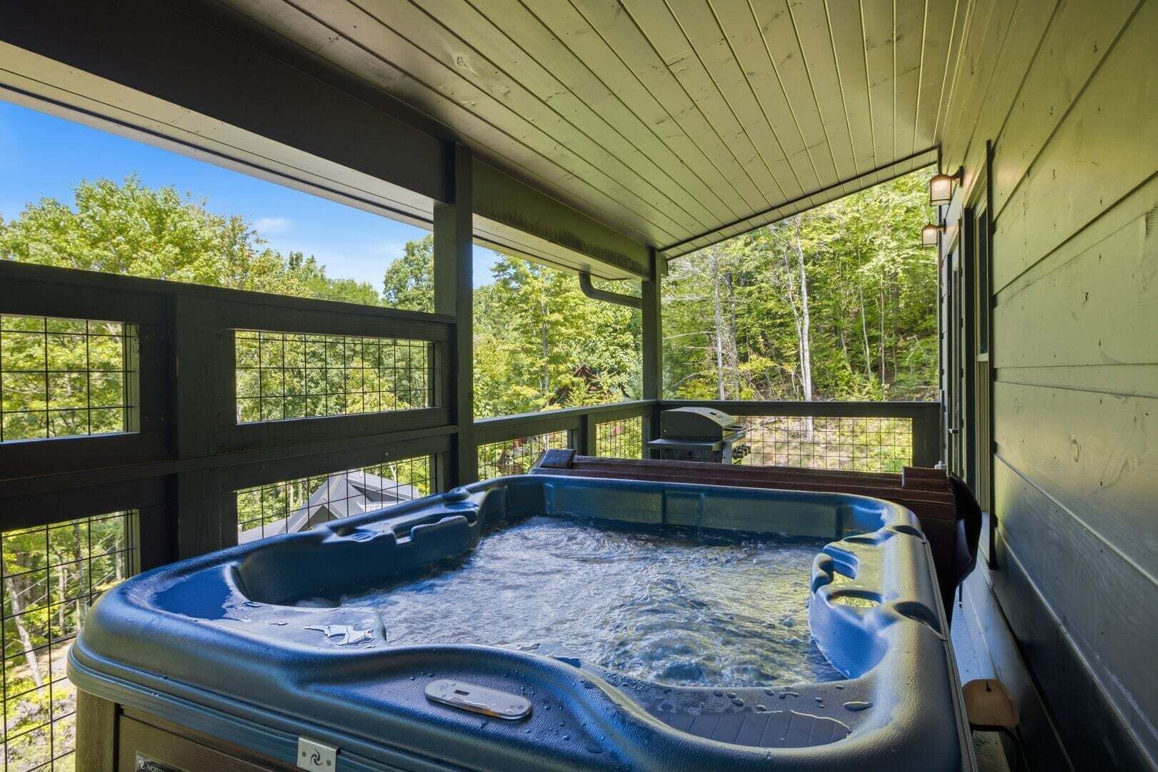 Een hottub met een houten terras en leuning, omringd door bomen.