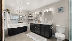 Douche, séchoir à cheveux, serviettes fournies, savon