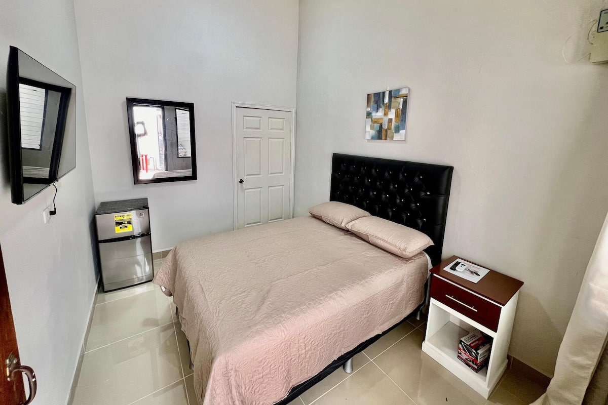 Un dormitorio con cama, mesita de noche, televisor, puerta y una obra de arte colgada en la pared.