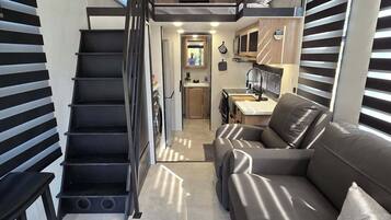 Smart TV, fireplace, books