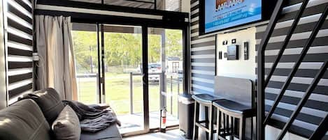 Smart TV, chimenea y libros