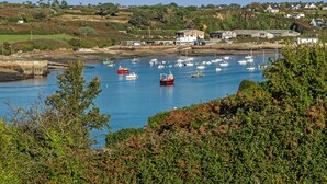 Une ville côtière dotée d’un port de plaisance rempli de bateaux, entourée de verdure et de maisons.