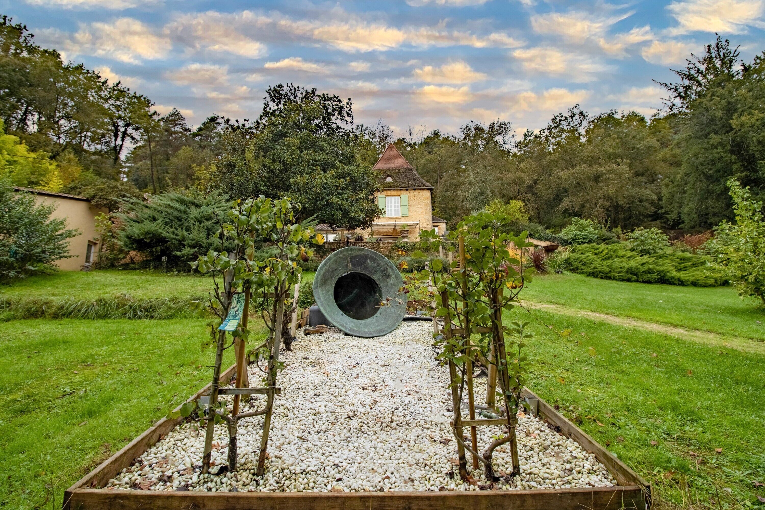A garden with a pathway leading to a house, surrounded by greenery.