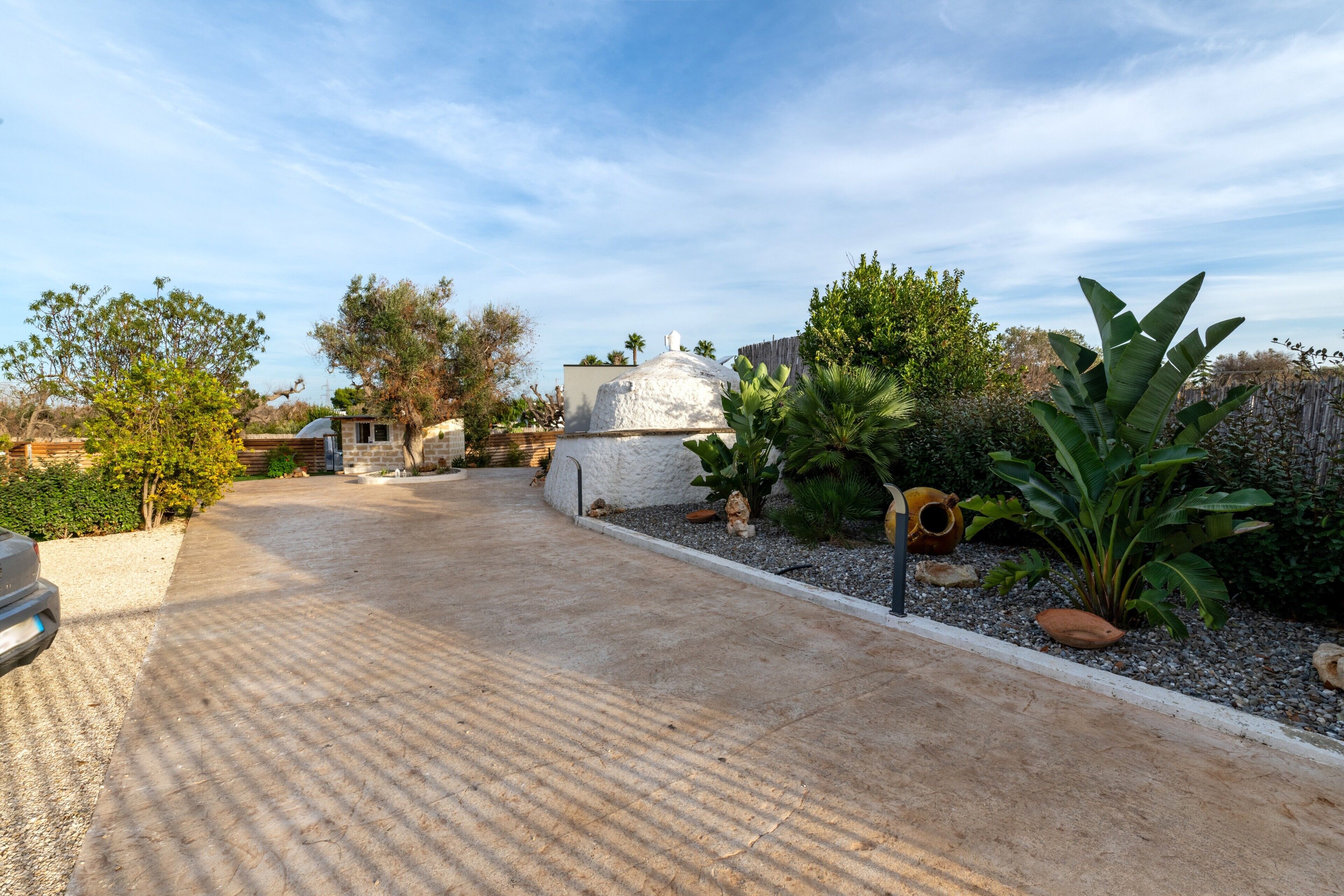 A paved driveway leading to a building with a white dome structure, surrounded by various plants and trees.