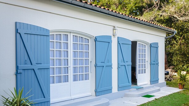 A building with white exterior walls and blue shutters, a potted plant, and a green mat on the steps.