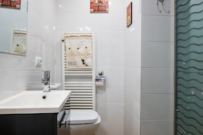 Shower, hair dryer, towels