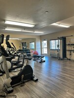 Academia com esteiras, máquinas de peso e bolas de exercício.