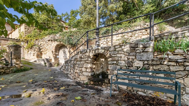 A stone pathway leading to a stone wall with a bench, surrounded by greenery and a clear sky.