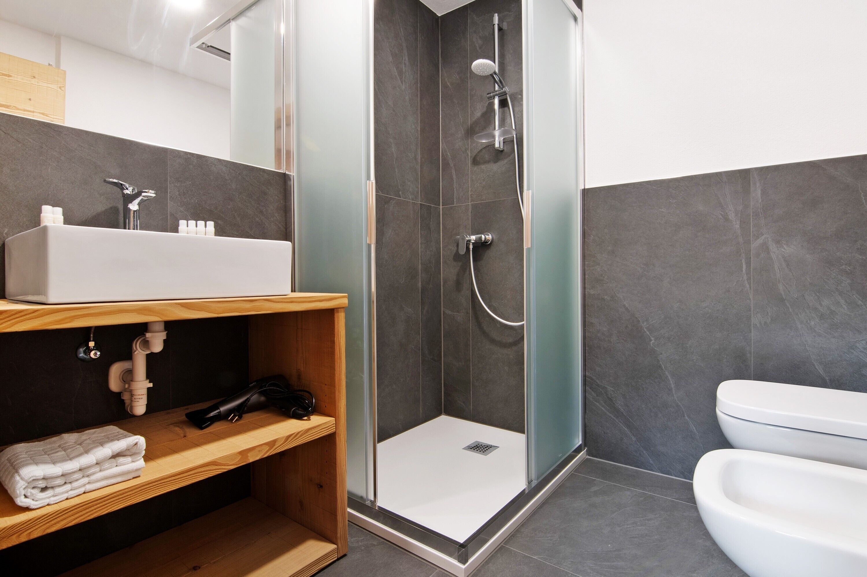 Shower, hair dryer, towels