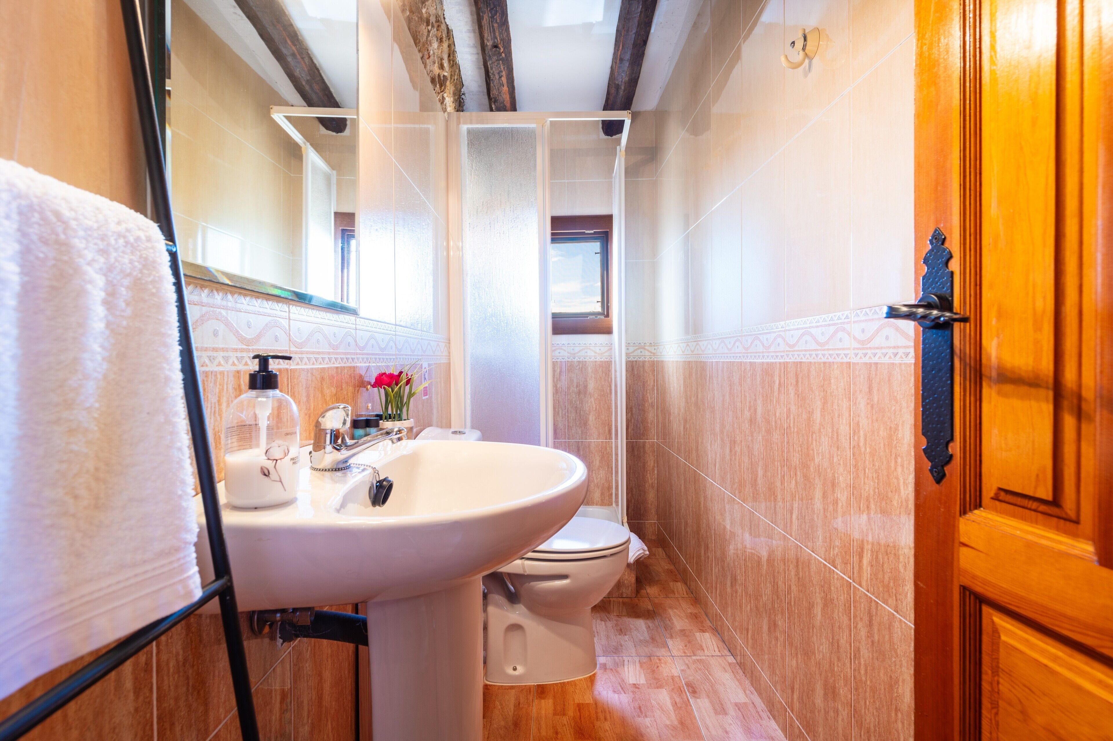 Un baño con lavabo, inodoro y zona de ducha.