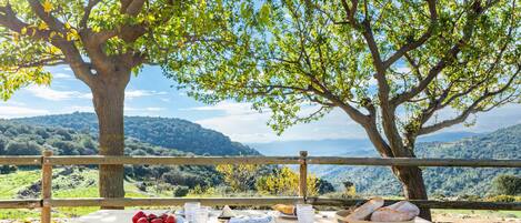 A picnic table set up under a tree with a view of a mountainous landscape.