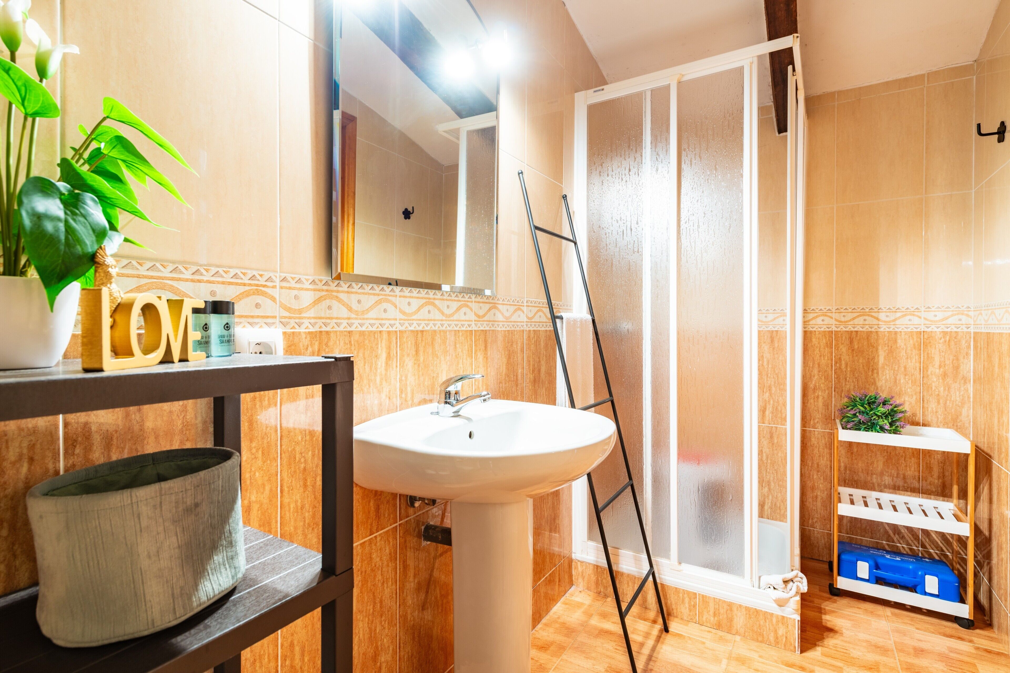 Un bany amb un lavabo, un mirall, una dutxa i una estant amb articles de tocador.