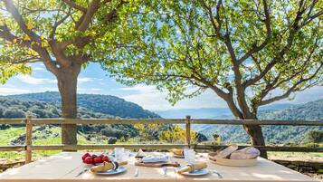 Una mesa de picnic instalada bajo un árbol con vista a un paisaje montañoso.